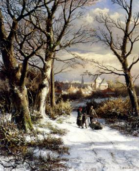 Johannes Hermanus Koekkoek : Barend Figures On A Snowy Road